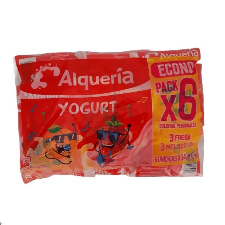 Yogurt Alquería Fresa y Melocotón en Bolsa 6 Und 840gr