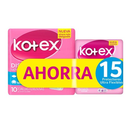 Toallas Higiénicas Kotex Discreta Ultrafinas 10 Und + 15 Protectores Kotex Ultra Flexibles